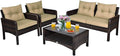 Tangkula 4 Piece Patio Furniture Set, Outdoor Wicker Conversation Set with Glass Top Coffee Table, All Weather Proof and Thick Cushions, Suitable for Porch, Garden, Poolside and Lawn (Brown)