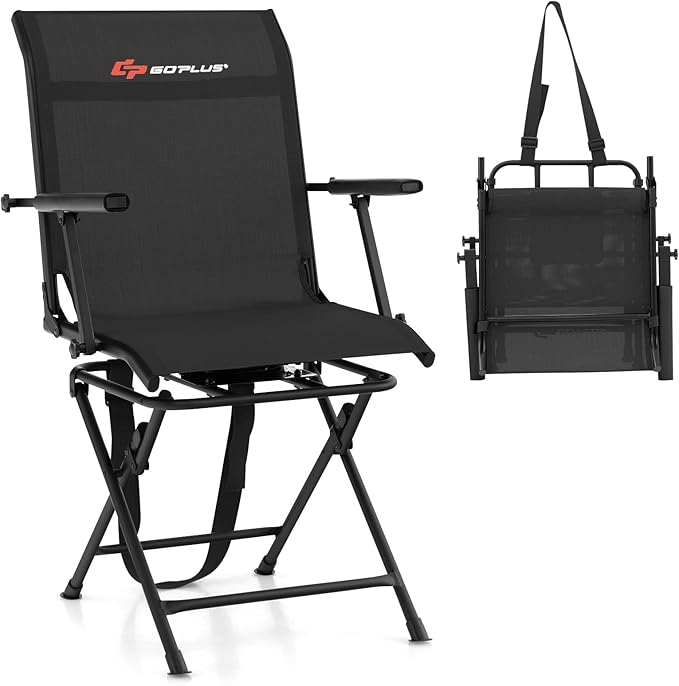Goplus Hunting Chair, 360° Swivel Folding Hunting Blind Chair with Carrying Strap, 330LBS Capacity, Portable Deer Hunting Stool, Silent Ground Dove Hunting Chair, No Assembly