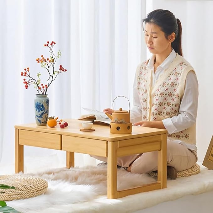 Japanese Meditation & Tea Table Antique Altar Table, Multifunctional Low Floor Tatami Table for Tea, Laptop, and Meditation (Beige, 70x42x30cm)