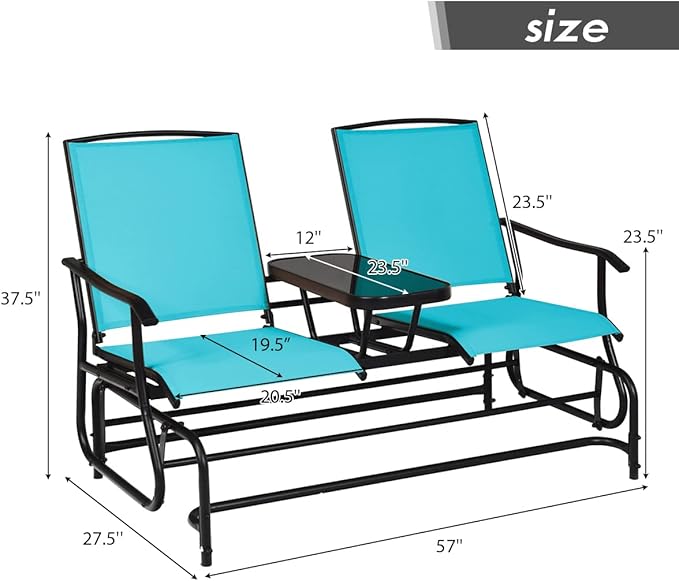 Giantex Patio Bench Glider Chair with Metal Frame, Center Tempered Glass Table, Outside Double Rocking Swing Loveseat for Porch, Garden, Poolside, Balcony, Lawn Rocker Outdoor Glider Bench(Turquoise)