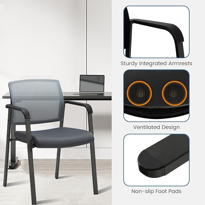CLATINA Mesh Back Stacking Arm Chairs, Office Reception Guest Chair, Desk Chair No Wheels Ergonomic Lumbar Support and Thickened Seat Cushion for Waiting Conference Room Grey (4 Pack)