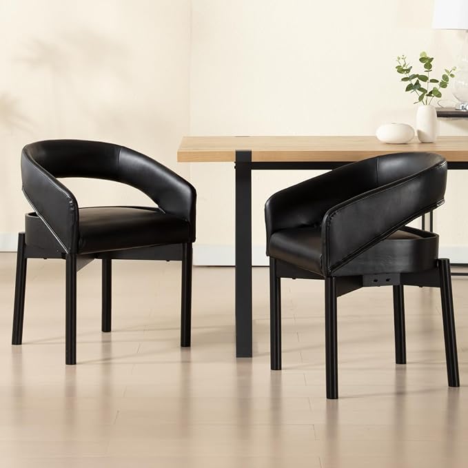 DUOMAY Modern PU Leather Dining Chairs Set of 2, Open Back Kitchen Chairs with Solid Wood Legs Upholstered Curved Back Side Chairs for Kitchen Restaurant, Black