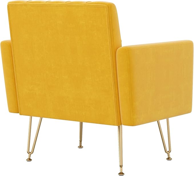 Accent Chair for Living Room, Comfy Oversized Velvet Upholstered Arm Chairs, Mid Century Modern Reading Single Sofa Side Chair with Tufted Back and Gold Legs for Bedroom (1, Mustard)