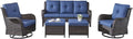 Rilyson Wicker Patio Furniture Set - 5 Piece Rattan Outdoor Sectional Conversation Sets with 2 Rocking Swivel Chairs,2 Ottomans and 1 Sofa for Porch Deck Garden(Brown/Blue)