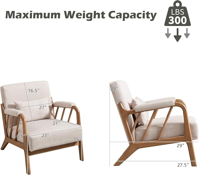 INZOY Mid Century Modern Accent Chair with Wood Frame, Upholstered Reading Armchair with Soft Linen Fabric, Accent Chair for Living Room Bedroom Apartment, Easy Assembly, Beige