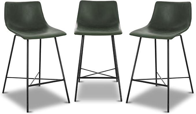 Poly & BARK Paxton Leather Counter Stools 24 Inches – Set of 3 - Counter Height Bar Stools – Barstools for Kitchen Island or Counters – Faux Leather & Matte Black Steel Base – Distressed Green Velvet