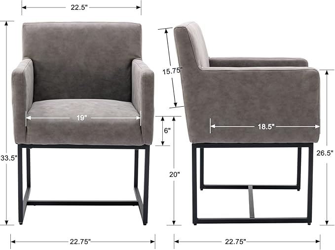 BESTANO Set of 2 Upholstered Dining Chairs with Armrest, PU Leather Modern Accent Armchairs, Kitchen & Dining Room Chairs Side Chairs, Grey