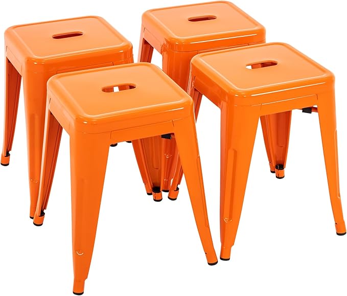 Brage Living 18 Inch Industrial Metal Stools Set of 4, Stackable Classroom Stools, Backless Metal Dining Chairs for Indoor Outdoor, Kitchen Short (Orange)