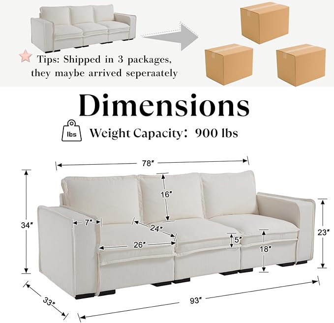 HEAY-YO 93 Inches Modern Modular Sectional Sofa,3-Seater Comfy Couch with High Density Foam and Armrests,Floor Sofa for Living Room Bedroom Apartment,Linen White