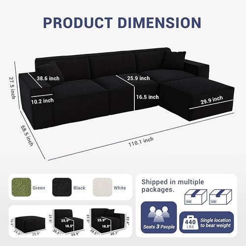 110"Cloud Sectional Couch, Chenille Boneless Couch L Shaped with Deep Seats & Wide Armrests, Convertible Modular Sectional Sofa Memory Foam Compression Floor Sofa for Living Room, No Assembly Required