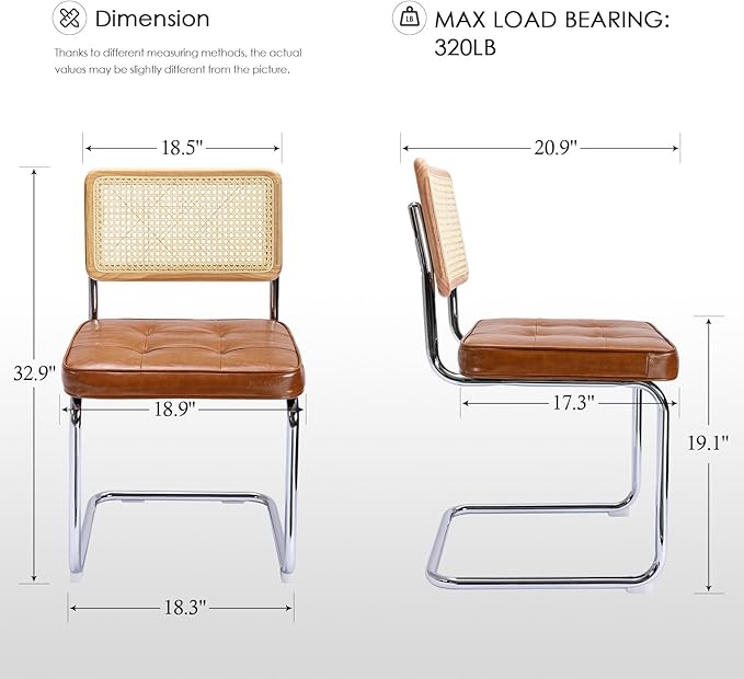 Zesthouse Natural Rattan Dining Chairs Set of 4, Modern Dining Room Chairs with Solid Wood Back for Kitchen Living Room, Mid Century Breuer Design Inspired, Upholstered Faux Leather Brown