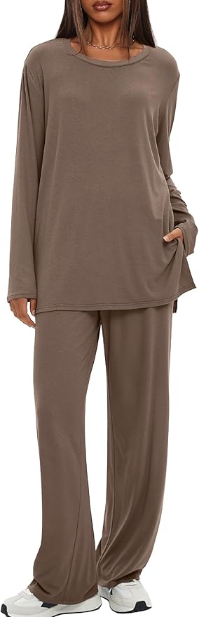 Darong Women's 2 Piece Lounge Set Casual Long Sleeve Crew Neck Tops Wide Leg Pants Travel Airport Outfit Matching Sets