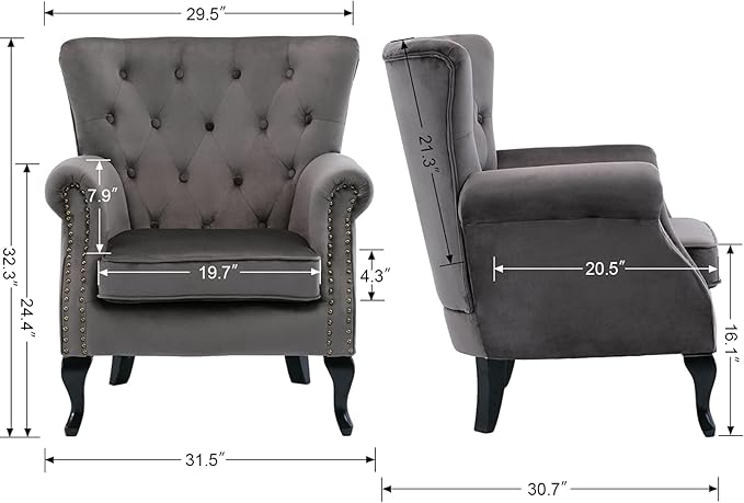 DM Furniture Mid Century Accent Chair Modern Button Tufted Armchair Wingback Club Chair Velvet Single Sofa Lounge Chair with Pillow for Living Room Bedroom, Grey