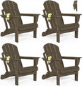 Folding Adirondack Chairs Set of 4 - Plastic Adirondack Chairs with Cup Holder, Weather Resistant for Outdoor, Patio, Lawn, Garden, Backyard Deck, Fire Pit - Dark Brown