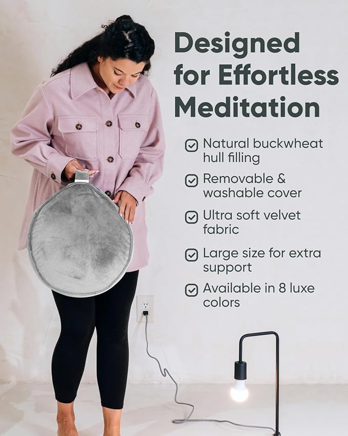 Mindful Modern Velvet Meditation Cushion | Luxe Zafu Yoga Floor Pillow Seat | Posture Support | Buckwheat Hull Filled | Large Round Cushion with Removable Washable Cover + Carry Handle