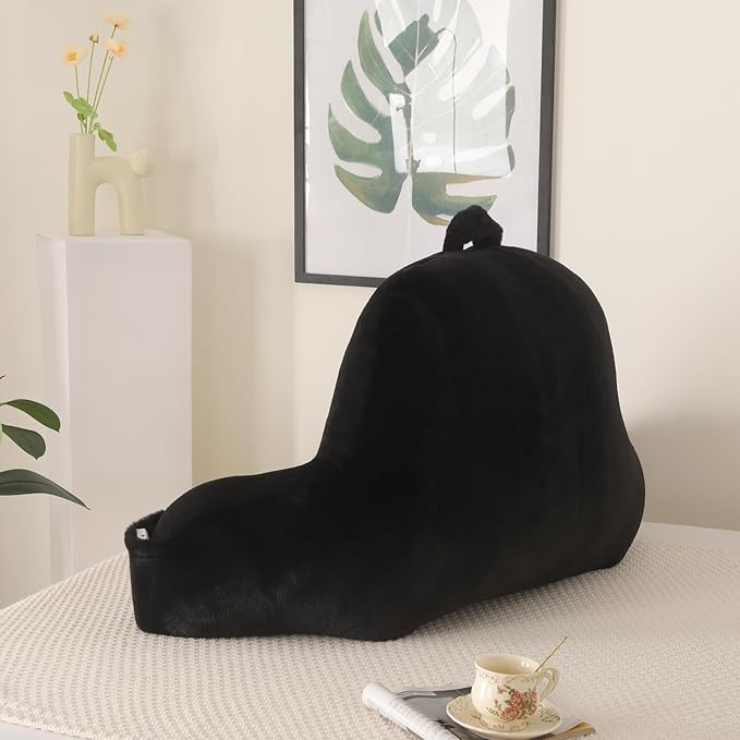 PAJEO Reading Pillow for Sitting in Bed, Large Backrest Reading Pillow with Arm Rest,Back-Rest Support Cushion for Sit Up on Couch, Sofa, and Floor, Dorm Essentials (Black Faux Fur, Large(19"))