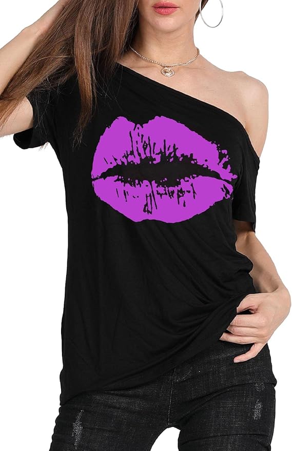 MAGICMK Women’s Short Lips Print Causal Off The Shoulder Plus Size T-Shirt Tops