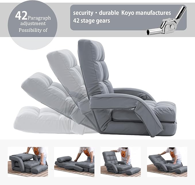 FLOGUOR 14-Position Adjustable Floor Chair, Chaise Lounge Indoor, Folding Lazy Sofa with Armrests and a Pillow Padded Adults Gaming Chairs for Living Room, Bedroom Factory Price,8803 (Grey（PU）)