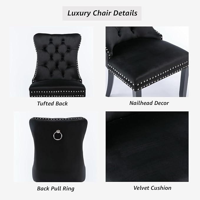 YeahFurn Black Mid Century Modern Dining Chairs Set of 6, Velvet Upholstered Kitchen & Dining Room Chairs with Nailhead Trim & Solid Wood Legs, Elegant Sillas De Comedor (Black, 6 Pcs)