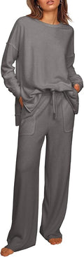 Ekouaer Womens Tracksuits 2 Piece Long Sleeve Outfits Micro Fleece Sweatsuit Sets Wide Leg Sweatpants