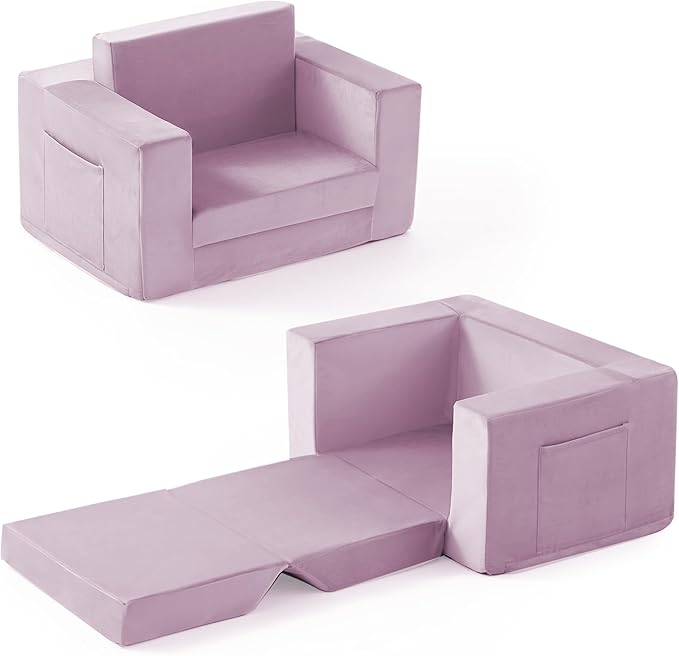 Kids Couch, 2-in-1 Toddler Chair Comfy 1-3 Years, Convertible Kids Chair, Toddler Couch That Fold Out, Kid Lounge Chairs for Boys and Girls, Soft Coral Fleece, Single, Purple