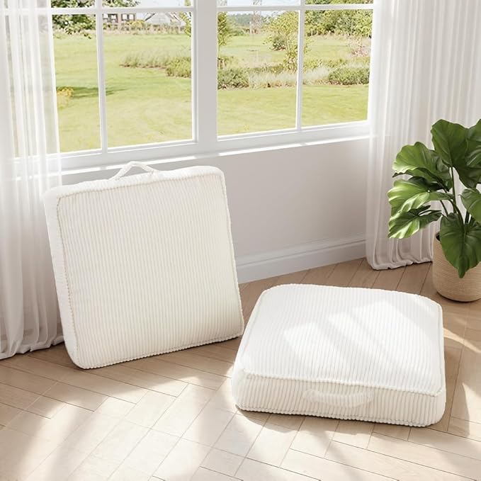 PRIMEPATIO Floor Pillow for Adults Set of 2, 4" Square Floor Cushions with Washable Cover, Large Corduroy Meditation Pillow, 24 inches Tatami Seat with Handle for Living Room or Yoga, Beige