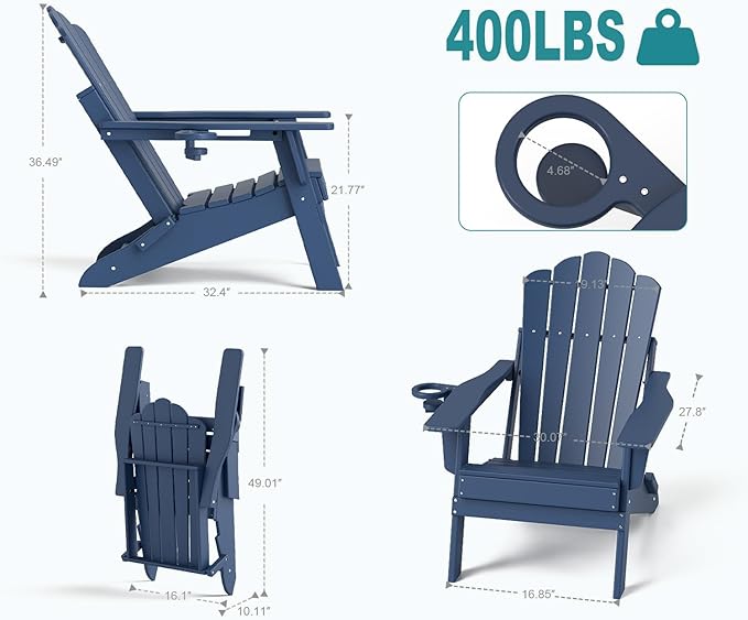 FOOWIN Adirondack Chair Set of 8, Folding Adirondack Chair with Cup Holder, HDPE All-Weather Fire Pit Chair for Patio, Garden, Backyard, Poolside, Navy Blue