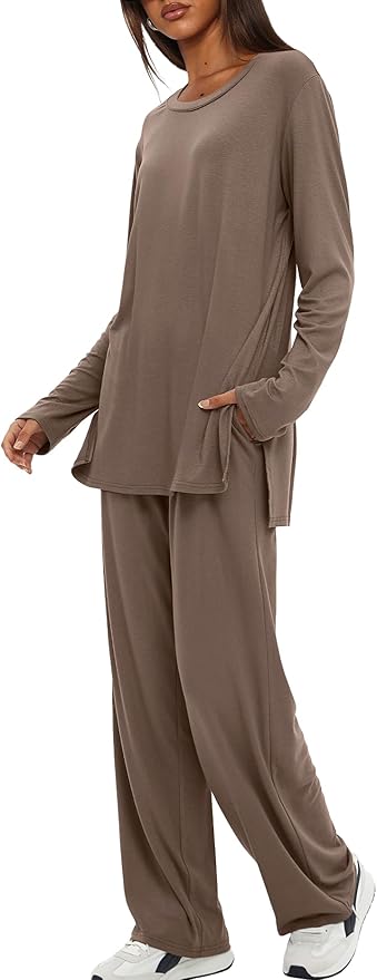 Darong Women's 2 Piece Lounge Set Casual Long Sleeve Crew Neck Tops Wide Leg Pants Travel Airport Outfit Matching Sets