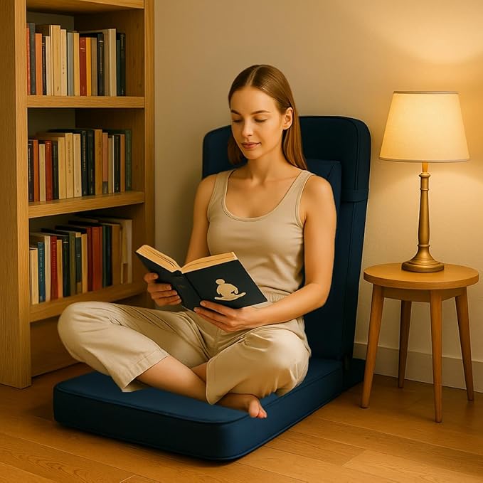 Friends Of Meditation Buddha Meditation Chair – Portable Folding Yoga Chair for Adults with Detachable Back Support & Zafu Cushion, Ergonomic Meditation Seat, Navy Blue