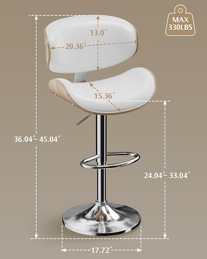Aowos Bar Stools Set of 4, Adjustable Swivel PU Leather Bar Stools for Kitchen Island, Mid Century Modern Counter Height Barstools with Back & Footrest (Cream White)