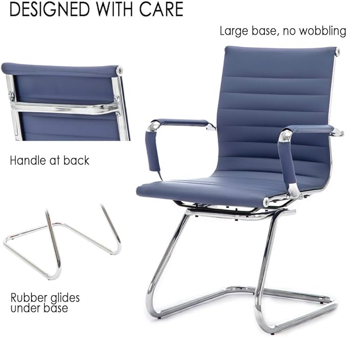 DM Furniture Reception Chairs Leather Conference Guest Chair Heavy Duty Back Support Office Chair, Set of 2 (Navy)