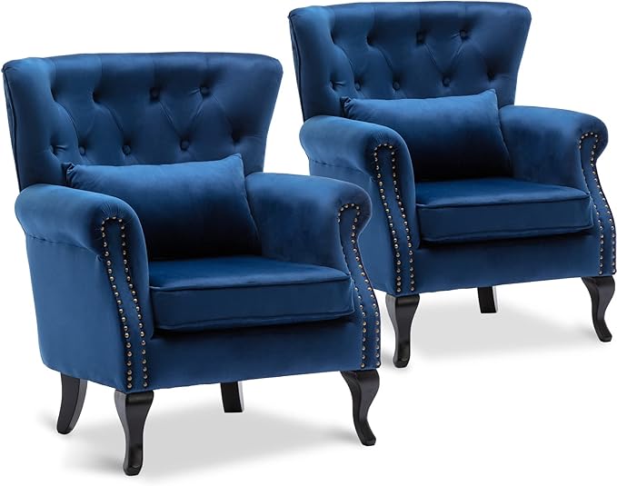 LZAREAL Accent Reading Arm Chairs Set of 2 for Living Room Bedroom, Midcentury Modern Comfy Corner Sofa Chair, Wingback Waiting Room Club Chair with Button Tufted Back &Lumbar Pillow, Velvet Blue