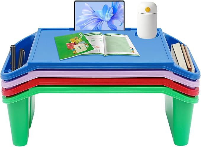 4 Pcs Kids Lap Desk Tray, Plastic Breakfast Laptop Trays, Portable Lap Bed Table with Side Pockets (20" x 10" x 7")