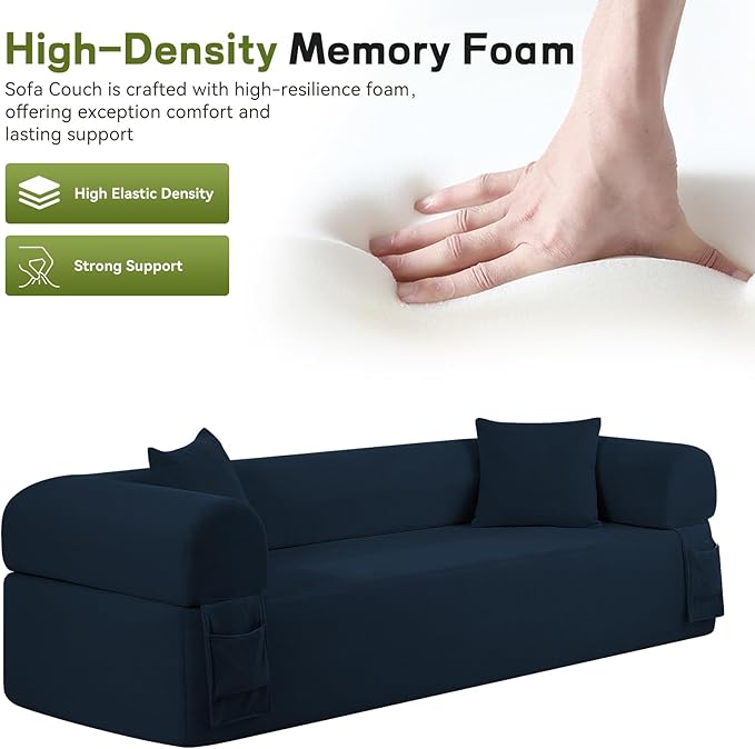 GJQ 3 Seater Couch, Corduroy Boneless Couches for Living Room,Compressed Cloud Sofa in a Box with 2 Pillows & Storage Bag,Memory Foam Floor Sofa with Armrests,No Assembly Required,Blue