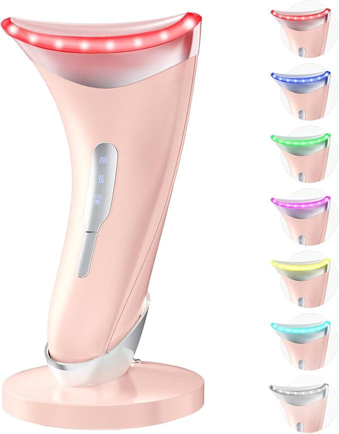 7 Color Light Therapy Facial Massager with Adjustable Vibration and Thermals for Wrinkles, Double Chin, Red Light Skin Care Tool with Base, Pink