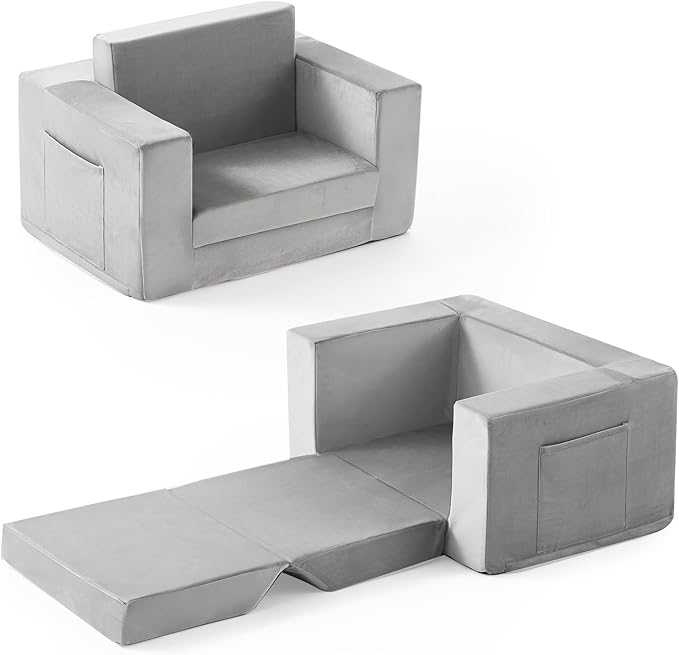 Kids Couch, 2-in-1 Toddler Chair Comfy 1-3 Years Old, Convertible Kids Chair, Toddler Couch Sofa, Kid Sofa to Lounge Bed for Boys and Girls, Soft Coral Fleece, Grey