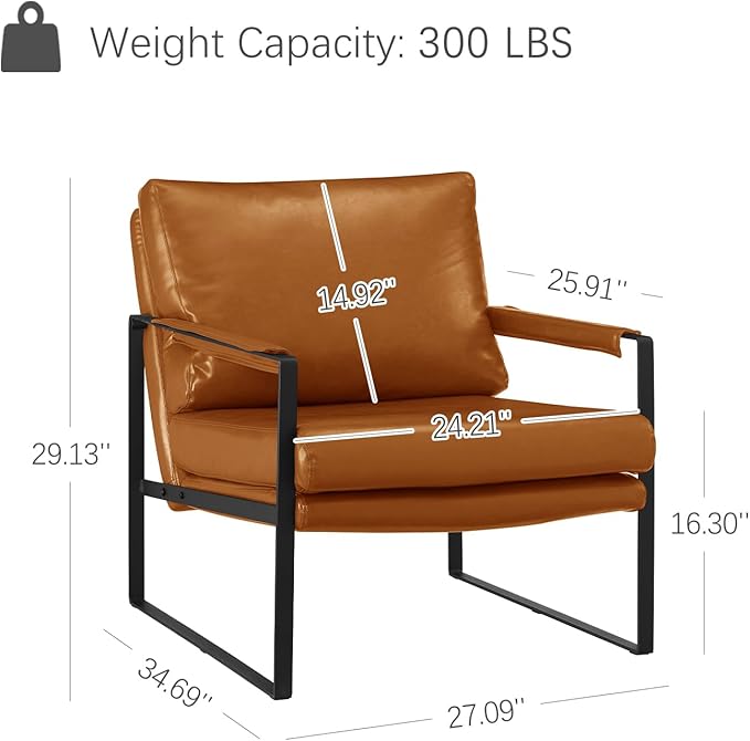 Zouron Mid Century Modern Accent Chair with Black Metal Frame, Upholstered Living Room Chairs with Pillow, Reading Armchair for Bedroom, Office, 1 Pcs, Brown PU