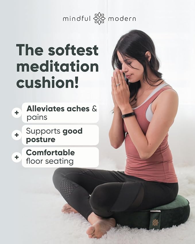 Mindful Modern Velvet Meditation Cushion | Luxe Zafu Yoga Floor Pillow Seat | Posture Support | Buckwheat Hull Filled | Large Round Cushion with Removable Washable Cover + Carry Handle