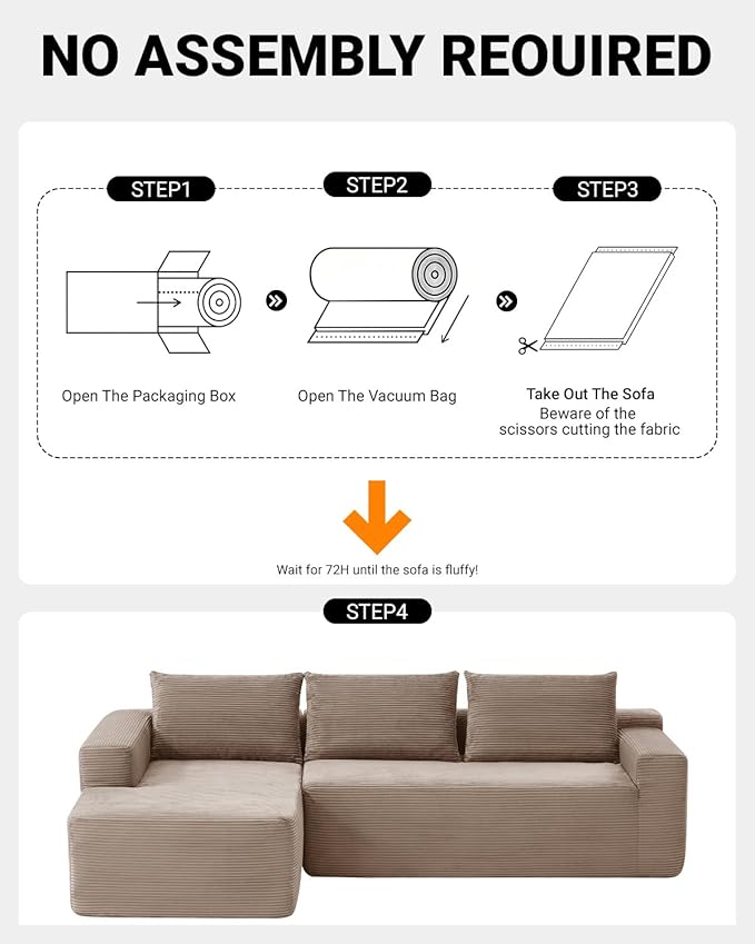 97" Cloud Sectional Couch,Modern Modular Sectional Sofa with Deep Seat,Corduroy Boneless Couches with L-Shape Chaise for Living Room Bedroom,No Assembly Required (Camel, 97" Left Facing Chaise)
