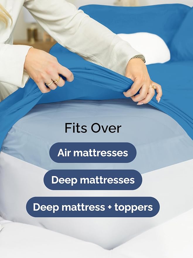 Extra Deep Pocket Split King Sheets - 5 Piece Breathable & Cooling Bed Sheets - Hotel Luxury Bed Sheet Set - Soft, Wrinkle Free & Comfy - Easily Fits Extra Deep Mattresses - Denim Blue Sheets Set