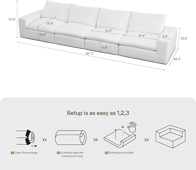 Vorthio Cloud Couch Sectional Oversized Modular Sofa with 35'' Deep Seat Boneless Couch Comfy Sofa Stain-Resistant White Sectional Couches for Living Room Apartment 4 Seater