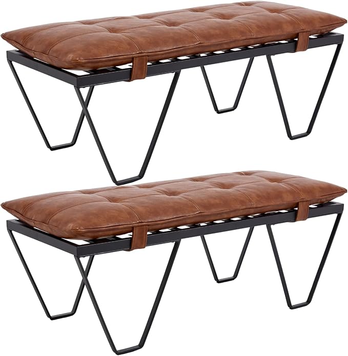 RIVOVA Modern Removable Tufted Upholstered Entryway Bench Set of 2, 48-Inch Contemporary Indoor Bench with Slatted Metal Frame, Brown Leather Bench for Bedroom End of Bed, Dining, Hallway, Living Room