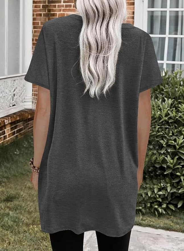 Poetsky Summer Womens Tunic Tops for Leggings with Pockets Short Sleeve Casual Long T Shirts S-3XL