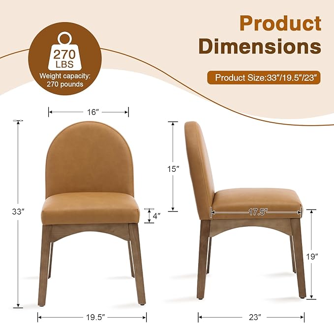 HNY Mid Century Modern Dining Chairs Set of 4, Faux Leather Upholstered Dining Room Chairs Armless Kitchen Chairs with Solid Rubberwood Legs, Accent Side Chairs for Living Room, Brown