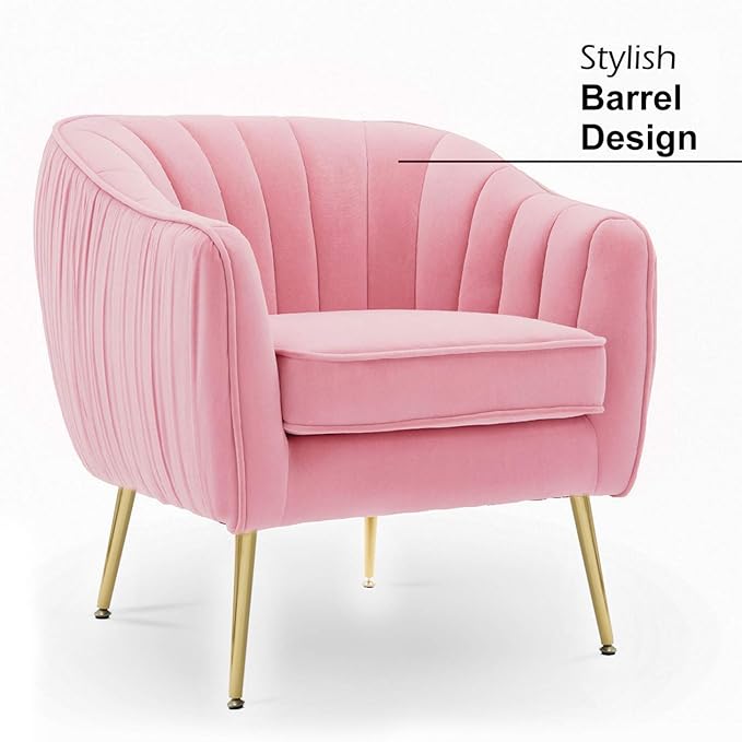 Altrobene Velvet Accent Chair, Modern Barrel Arm Chair for Living Room Bedroom with Gold Finished Legs, Blush Pink