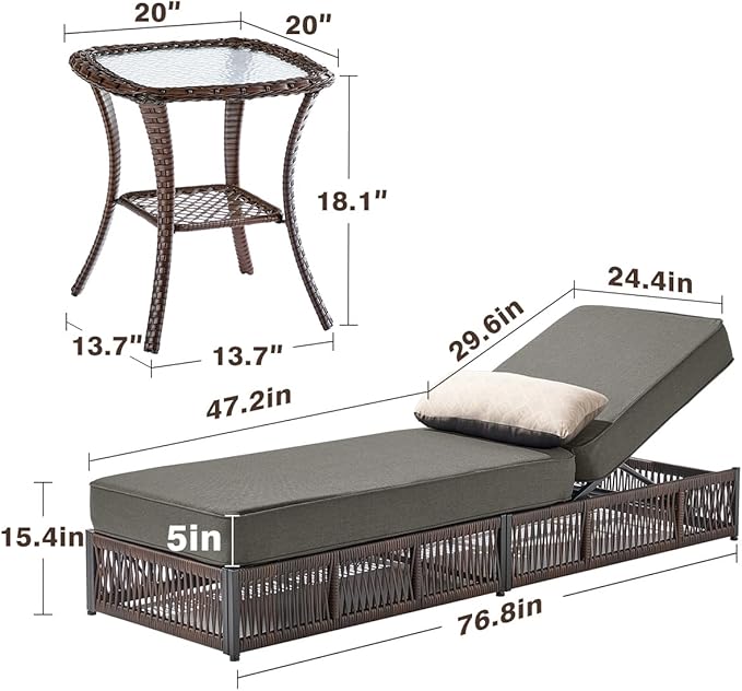 ACTREST Luxury 2PCS Outdoor Chaise Lounge and Side Table Set with 5 Inch Thick Cushions - High Back Brown Wicker Patio Recliners Chairs Lounger for Poolside Pool Porch Garden Sunbathing - Grey