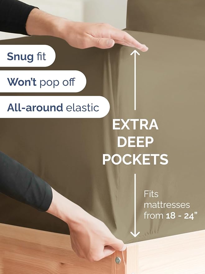Extra Deep Pocket Cal King Sheets - 4 Piece Breathable & Cooling Bed Sheets - Hotel Luxury Bed Sheet Set - Soft, Wrinkle Free & Comfy - Easily Fits Extra Deep Mattresses - Deep Pocket Khaki Sheets Set