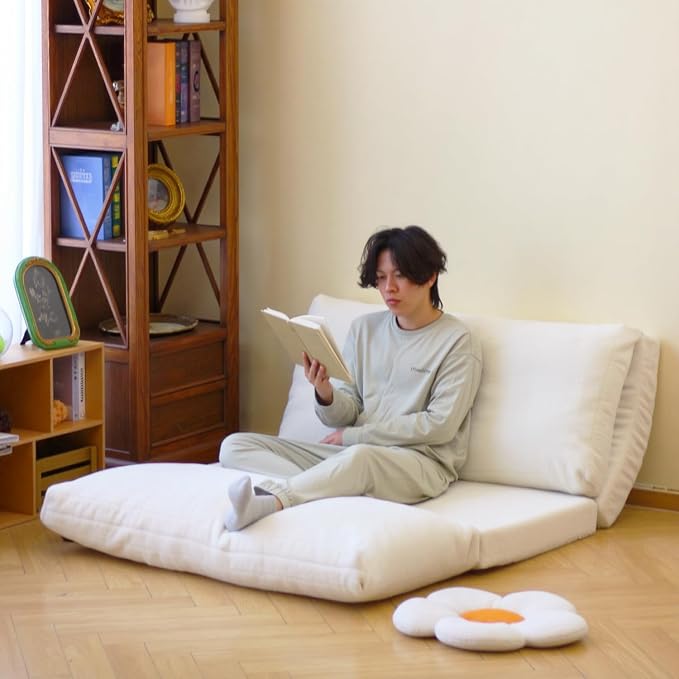 N&V Folding Matress Sofa Bean Bag Bed, Foam Filling Folding Matress Sofa, Includes Removable and Machine Washable Cover, Soft Premium Faux Fur (Medium, White)