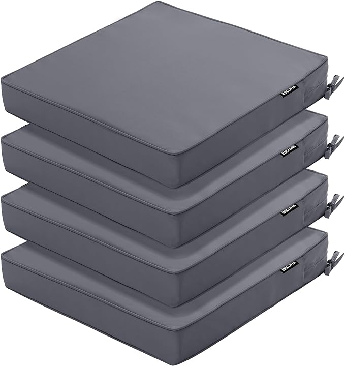Outdoor Chair Cushions 16 x 17 Inch, Set of 4, Waterproof Patio Chair Cushions with Tie 5 Year Color Fastness Thick Outdoor Seat Cushion for Garden Lawn Patio Furniture Dark Grey