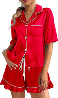 CHYRII Women's Silk Satin Pajamas Two Piece Pj Sets Short Sleeve Tops Ruffled Shorts Sleepwear with Magnetic Diffuser